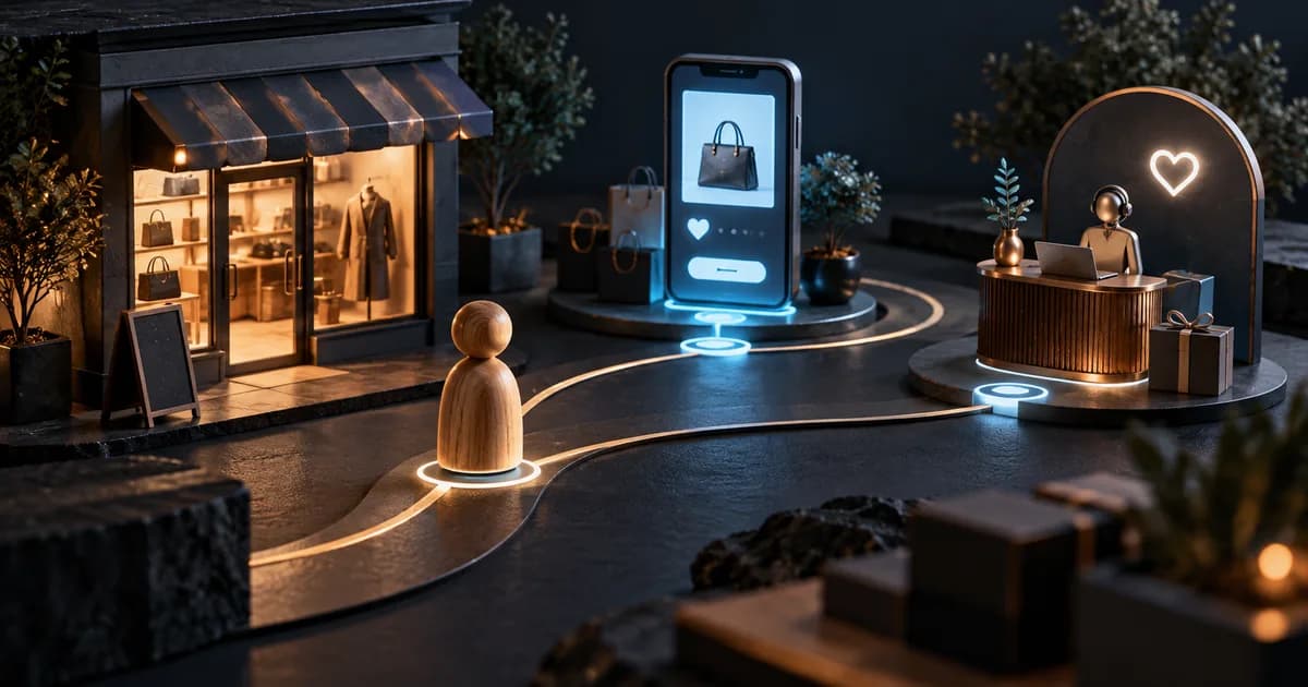’n Kliëntereis deur ’n winkel, mobiele kontak en nasorg.