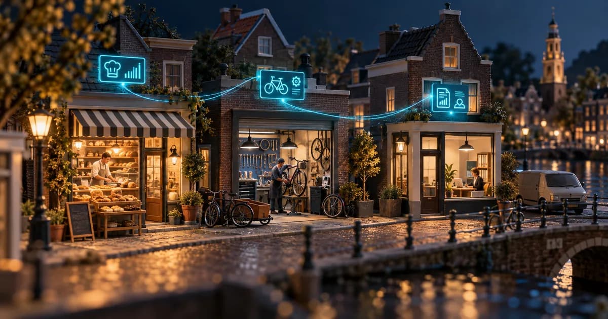 ’n Bakkery, fietswerkswinkel en kantoor verbind deur digitale toepassings.