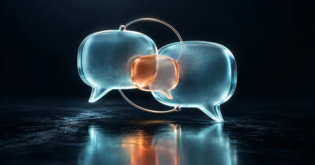 Verbinde glasspraakborrels wat KI-kliëntgesprekke illustreer.