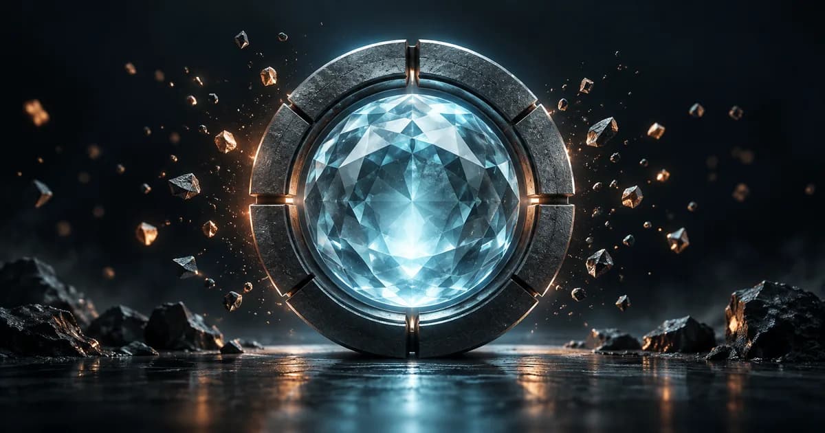 ’n Beskermende metaalring om ’n glaskern as illustrasie van digitale beveiliging.